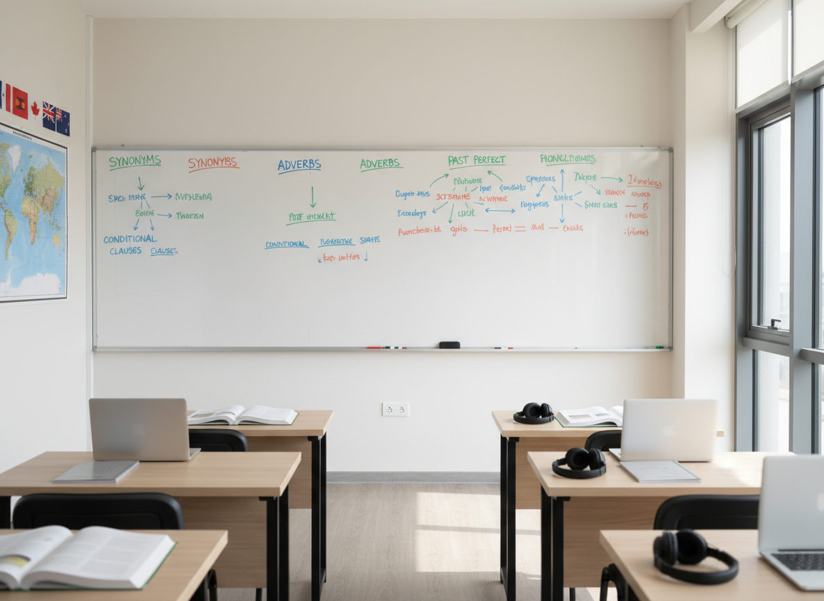 A modern language classroom interior with a large, glossy whiteboard on one wall, covered neatly with colorful English vocabulary and grammar diagrams in blue, green, and red marker. Sturdy light-wood desks hold open English textbooks, sleek laptops, and high-quality headphones arranged symmetrically. A large world map and flags of various countries decorate the side wall. Soft daylight enters through wide windows, reflecting off polished laminate flooring and casting gentle, professional shadows. Photographic realism at eye level, with sharp focus on the whiteboard and a slightly blurred background, creating a clean, organized, and highly professional atmosphere suitable for a premier foreign language school in Zonguldak.