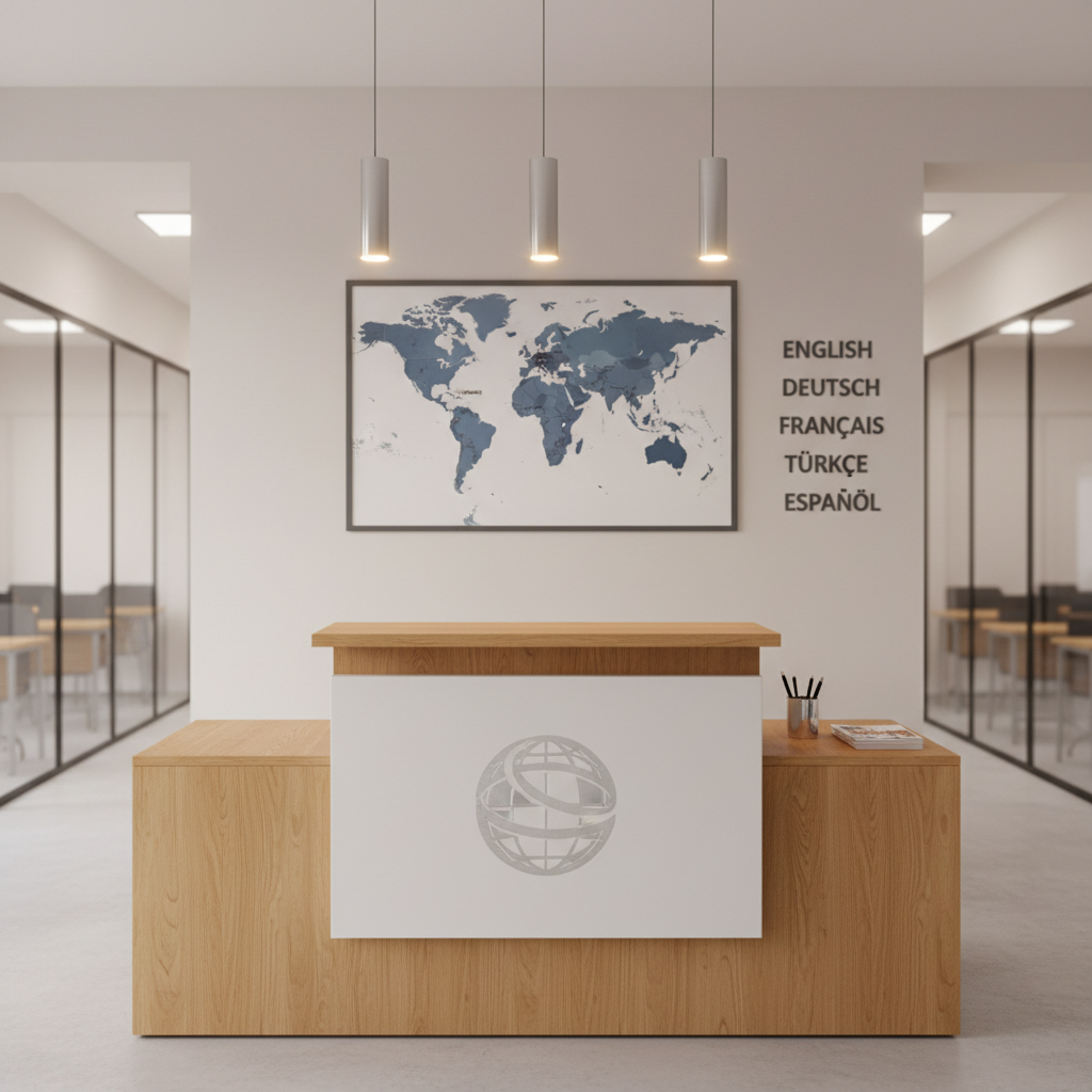 An elegant reception desk of a professional foreign language course center in Zonguldak, crafted from smooth light oak with a matte white front panel featuring a subtle, modern logo space. Behind the desk, a clean wall hosts a large, framed world map in muted blues and grays, along with minimalistic signage for English, German, French, and other languages. A small stack of glossy brochures and a neat pen holder sit on the counter. Soft, warm pendant lights above create a welcoming glow, casting gentle shadows and subtle highlights on the wood grain. Photographic realism, eye-level composition, with a slightly blurred corridor of classrooms receding into the background, conveying trust and professionalism.