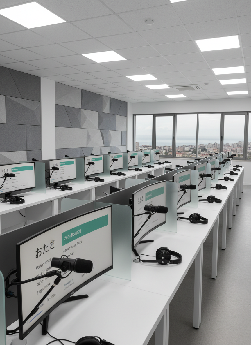 A well-equipped language learning lab featuring a long row of immaculate white desks, each with a high-resolution monitor showing a language learning app interface, studio-quality black headphones, and a compact microphone on adjustable stands. Screens display different languages with Turkish translations, arranged cleanly. The room has cool-gray acoustic panels on the walls and large, double-glazed windows revealing a faint outline of Zonguldak’s cityscape. Bright but diffused ceiling lighting creates uniform illumination, minimal glare, and crisp shadows under the equipment. Captured in photographic realism from a wide-angle perspective along the row of workstations, the image emphasizes depth, technological sophistication, and a serious, focused learning environment.