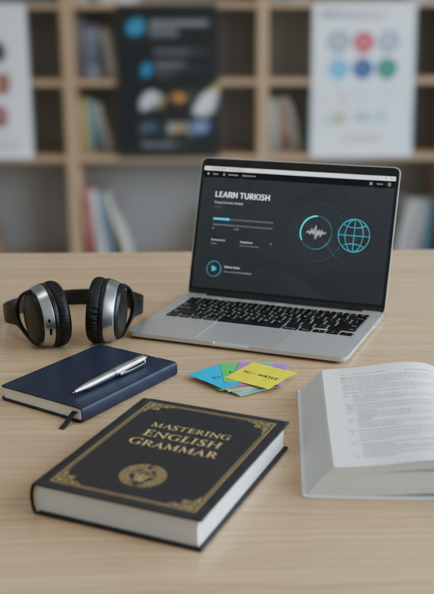 A close-up, photographic realistic scene of a polished light-wood study table in a language school, neatly arranged with a premium hardcover English grammar book, a small stack of colorful vocabulary flashcards labeled in Turkish and English, and a sleek silver laptop displaying a language learning interface. High-quality over-ear headphones rest beside a smooth, navy-blue notebook and a fine-tip pen. Soft, cool-toned overhead lighting creates an even, shadow-free surface with subtle reflections on the laptop body. Shot from a slightly elevated angle using shallow depth of field, the composition feels focused, calm, and professional, emphasizing serious foreign language study without visual clutter.